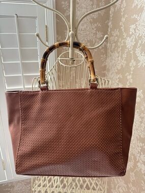Chico’s Textured Brown Tote with Bamboo Handles